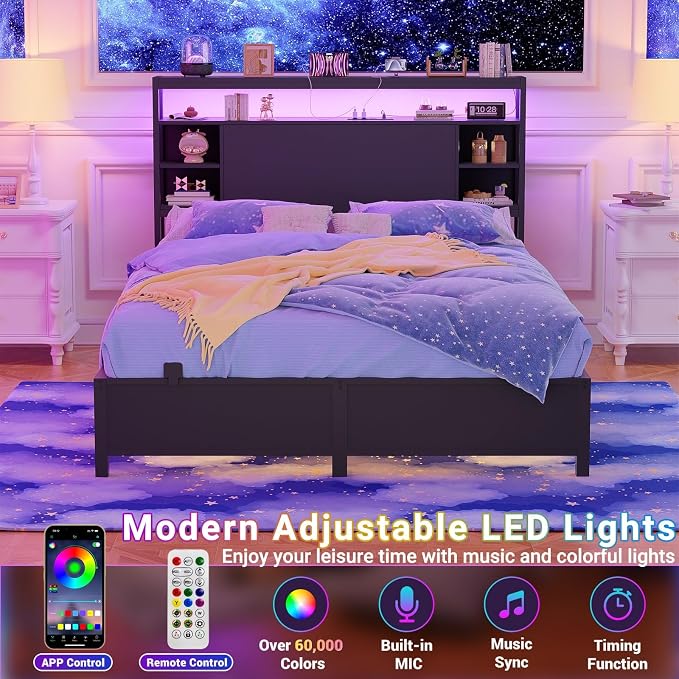 Unikito Full Size Headboard with Storage, Headboard with Outlets and RGB LED Light, Sturdy Head Boards for Full Size Bed, Stable Head Board Only for Bedroom, Dorm Room, Guest Room, Black