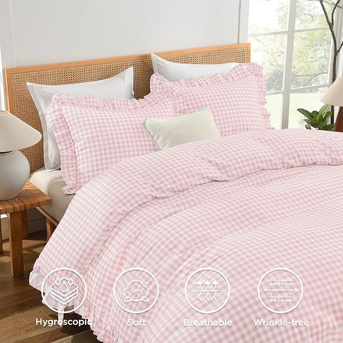 Andency Pink Gingham Duvet Cover King, Ruffle Shabby Chic Bedding Set 3 Pcs | Farmhouse Soft Pre-Washed Polyester Comforter Cover with Zipper Closure & Corner Ties, 104x90Inch
