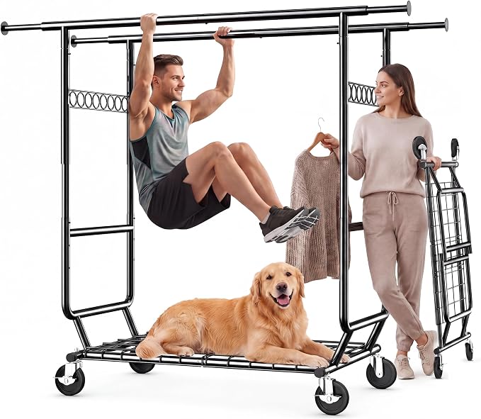 HOKEEPER Clothes Rack Heavy Duty Clothing Rack Load 650 LBS Collapsible | Garment Rack with Wheels Double Rod Clothes Rack for Hanging Clothes Commercial Portable Black, 2 Packs 22"D*75"W*68"H