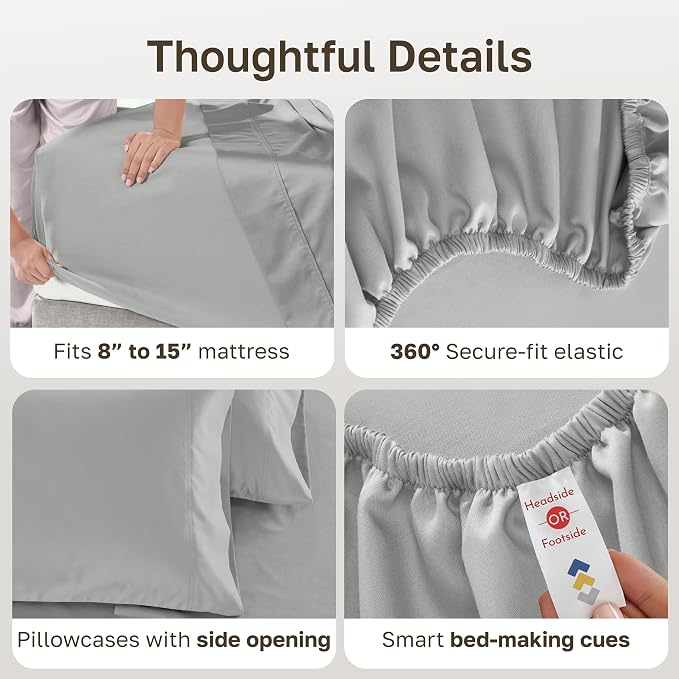 California Design Den 600 Thread Count Split King Bed Sheet Set, 5 Pcs Set | 100% Cotton Sateen, Good Housekeeping Seal, Split King Sheets Sets for Adj. Bed with 2 Sep. Twin-XL Mattresses - Light Grey
