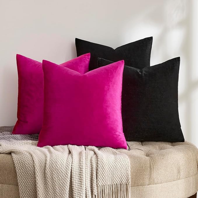 GIGIZAZA Pack of 4 Decorative Velvet Pillow Covers 20x20 Black Hot Pink | Throw Pillows for Couch Sofa,280gsm Soft Textured Fabric,Modern Accent Pillowcases,Luxury Living Room Cushion Covers
