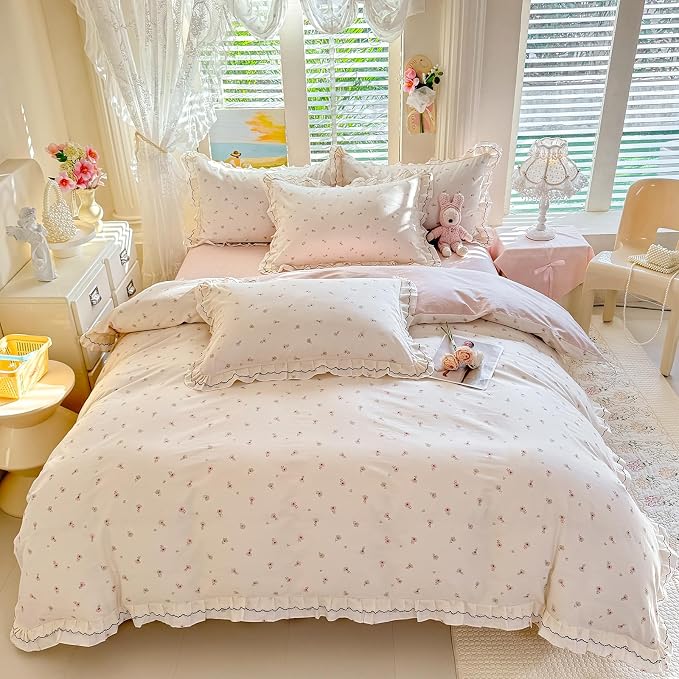 mixinni Shabby Chic Tiny Pink Floral Duvet Cover Queen, 100% Cotton Reversible Bedding with Double Ruffle Black Lace Trim, Vintage Farmhouse Princess Comforter Cover with Zipper & Corner Ties