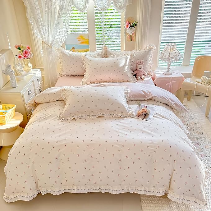 mixinni Shabby Chic Tiny Pink Floral Duvet Cover Full, 100% Cotton Reversible Bedding with Double Ruffle Black Lace Trim, Vintage Farmhouse Princess Comforter Cover with Zipper & Corner Ties