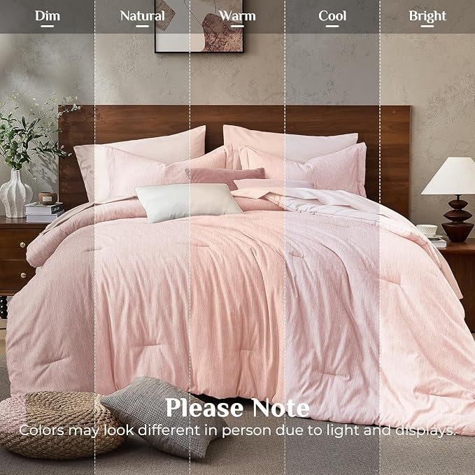 JOLLYVOGUE Pink Full Comforter Set, Cationic Dyeing Bed in a Bag Full 7 Pieces, Double-Tone Bedding Set with Down Alternative Comforter, Sheets, Pillowcases & Shams
