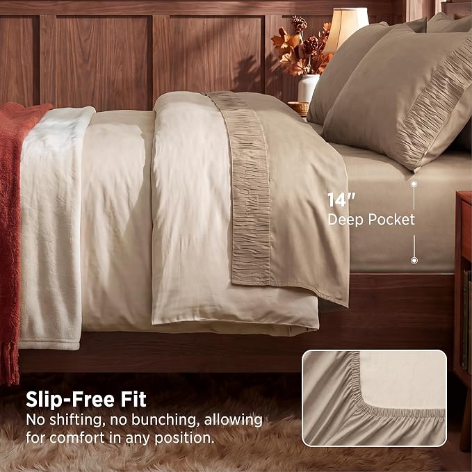Bedsure Queen Sheet Set - 4 Pieces Soft, Breathable, Cooling Bed Sheets | Hotel Luxury Bedding, Oeko-Tex , Easy Care, Deep Pocket, Fade Resistant, Shrink Resistant, Sturdiness, Emboss Design