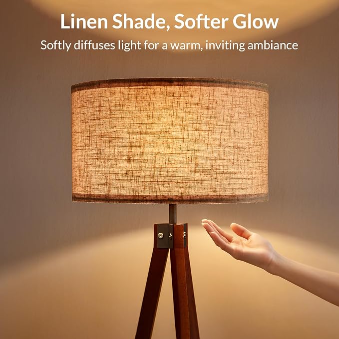 LEPOWER Tripod Floor Lamp Mid Century Modern Standing Lamps for Living Room | Light-Diffusing Linen Shade, Premium Rubberwood Tripod with E26 Base, Adding Warmth to Bedroom, Office & Study Corner Brown