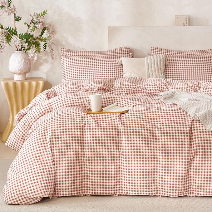 Brown Comforter Set King Soft Luxury Washed Microfiber 3 Pieces Bedding, White Brown Grid Pattern Comforter with 2 Pillowcases Breathable Durable Comfy