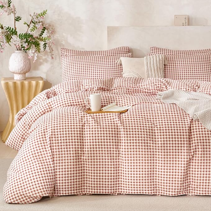 Brown Comforter Set Queen Soft Luxury Washed Microfiber 3 Pieces Bedding Set, White Brown Grid Pattern Comforter with 2 Pillowcases Breathable Durable Comfy