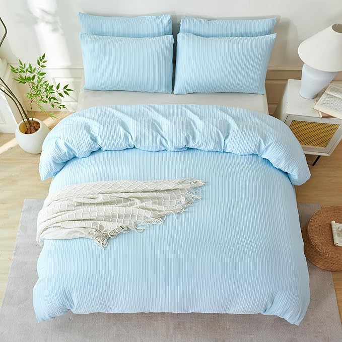 Light Blue Striped Comforter Set Queen Soft Luxury Washed Microfiber Jacquard 3 Pieces Bedding, Blue Vertical Ticking Stripes Comforter with 2 Pillowcases Breathable Durable Comfy