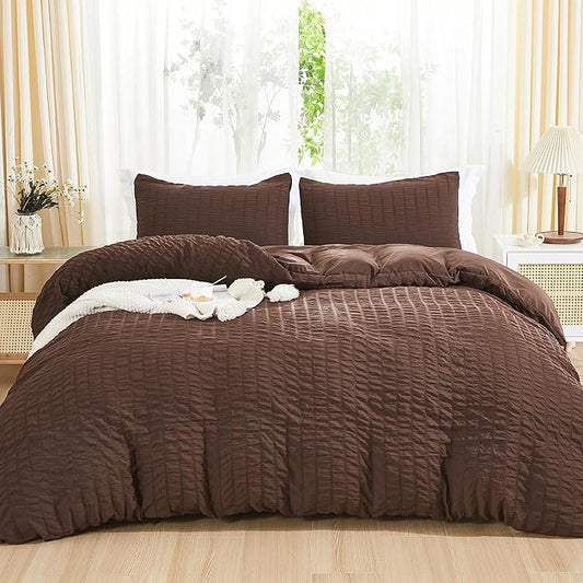 AveLom Seersucker Duvet Cover Set Queen Size (90 x 90 inches), 3 Pieces (1 Duvet Cover, 2 Pillow Cases), Brown Ultra Soft Washed Microfiber, Textured Duvet Cover with Zipper Closure, Corner Ties
