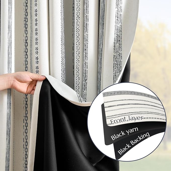 jinchan Boho Blackout Curtains 96 Inches Long for Bedroom Living Room | Black on Beige Geometric Back Tab Farmhouse Curtains Room Darkening Thermal Window Treatments 2 Panels