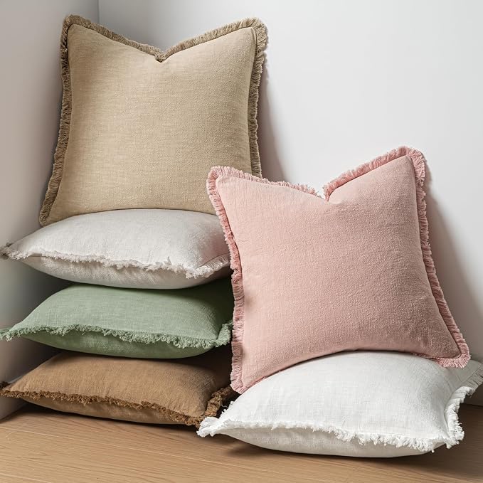 MIULEE Linen Fringe Decorative Euro Throw Pillow Covers Sage Green 22x22 | Set of 2, Cottagecore Decor, Boho Farmhouse Neutral Pillow Covers, Rustic Couch Cushion Cases for Sofa Bed Living Room