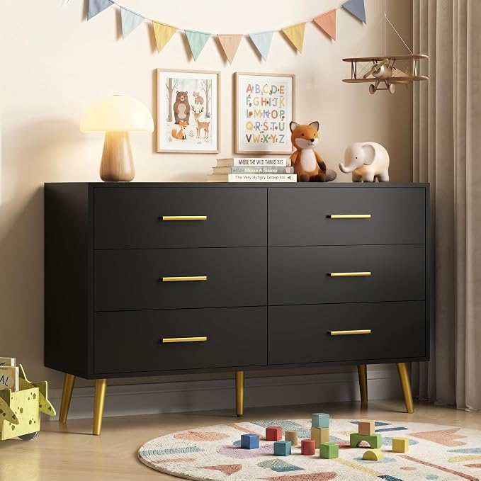 Black 6 Drawer Dresser for Bedroom, 47" Wood Dresser with Gold Handles. | Modern Dressers & Chests of Drawers for Living Room, Hallway, Entryway.