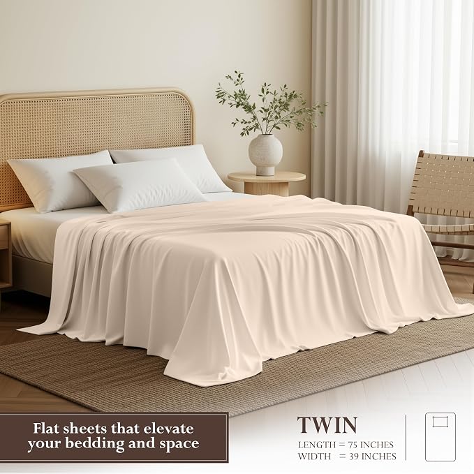 Twin Size Flat Sheet Only, Ultra Soft & Breathable Hotel Sheets, Beige | Hotel Bedding, Cooling Comfort, Smooth Feel, Wrinkle & Fade Resistant, Easy Care, Long-Lasting, Machine Washable, OEKO-TEX