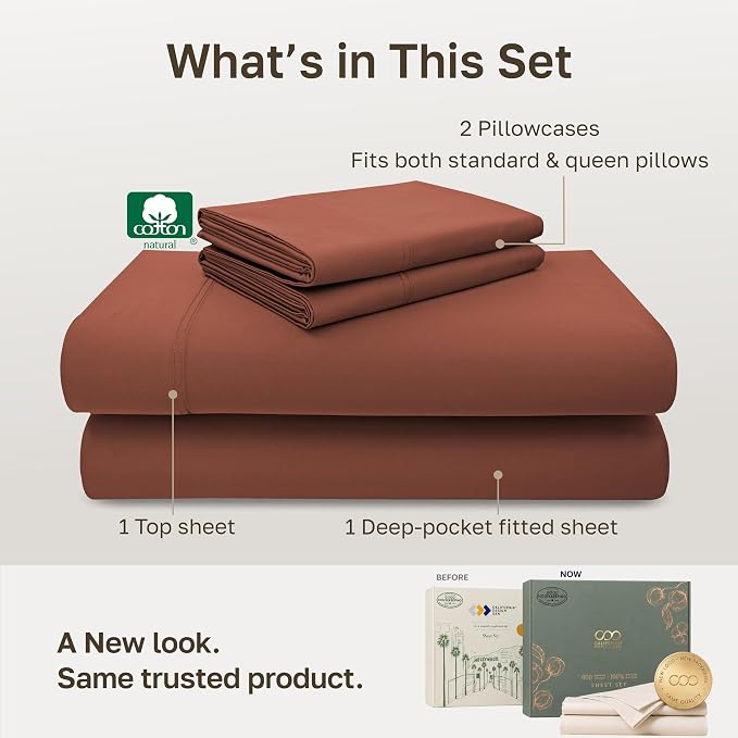 California Design Den Luxury 600 Thread Count Full Size Bed Sheets Set | 100% Cotton Sateen Backed by Good Housekeeping Seal, Soft & Smooth, 16" Deep Pocket, All-Around Elastic, Easy Care - Rust