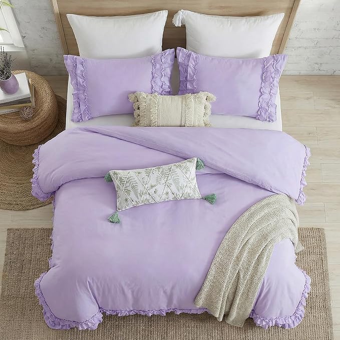 Bedrom Ruffled Duvet Cover Queen Light Purple Bedding Set Shabby Chic Lace Ruffle Bedroom Set Lilac Purple Aesthetic Boho Duvet Cover Set for Girls Women
