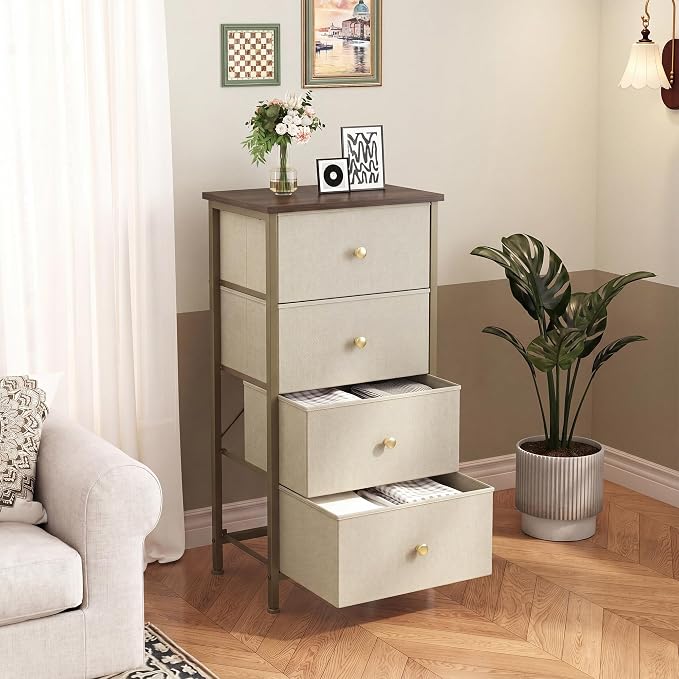DUMOS Nightstand with 4 Drawers Bedside Table with Removable Fabric Bins Sturdy Steel Frame Wood Top Organizer Furniture for Bedroom Closet Living Room, Tan