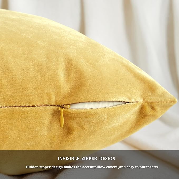 GIGIZAZA Decorative Throw Pillow Covers 16 x 16, Yellow Soft Pillow Covers Velvet,Set of 4 Decor Square Cushion Covers