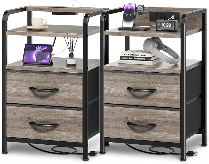 Huuger Nightstands Set of 2, Night Stand, Charging Station, USB-C Ports | 2 Drawers Bed Side Table, Open Shelf, 2-Way Power Panel Installation, End Table for Bedroom, Oak
