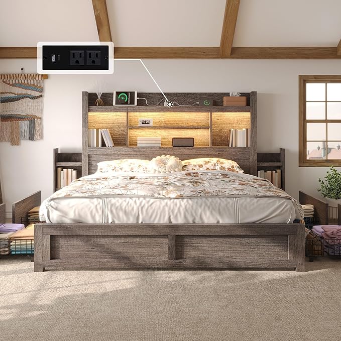 LUXOAK King Bed Frame with Storage, Bookcase Headboard,Grey | 49.6" Headboard, Wood Platform Bed, Charging Station, Bedside Storage, 4 Storage Drawers, No Box Spring Needed, Farmhouse