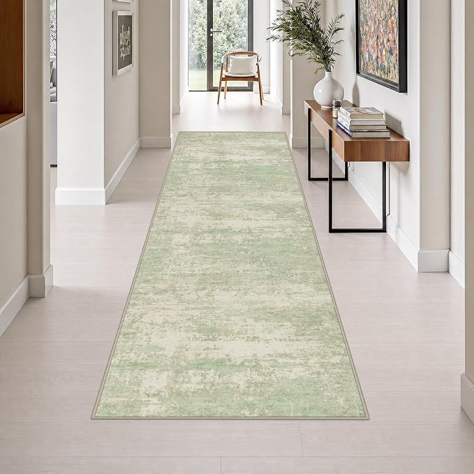 3x10 Washable Runner Rug：Modern Abstract Soft Carpet Green Cream | For Hallway, Bedroom, Kitchen, Laundry, Bathroom,Door Mat,Modern Abstract,Machine washable,Non-Slip,Stain Resistant,Indoor