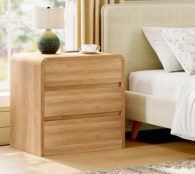 TEENFON Night Stand, NightStand with 3 Storage Drawer and Charging Station, Bedside Table, Modern End Tables Wide Night Stands for Bedroom Sofa Couch Home Office, Natural