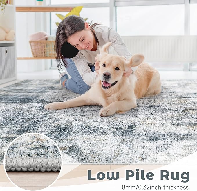 6x9 Area Rugs Washable Rug: Abstract Neutral Rugs Modern Non Slip Area Rug Stain Resistant Low Pile Indoor Carpet for Dining Room Bedroom Nursery Office (Multi Blue, 6'x9')
