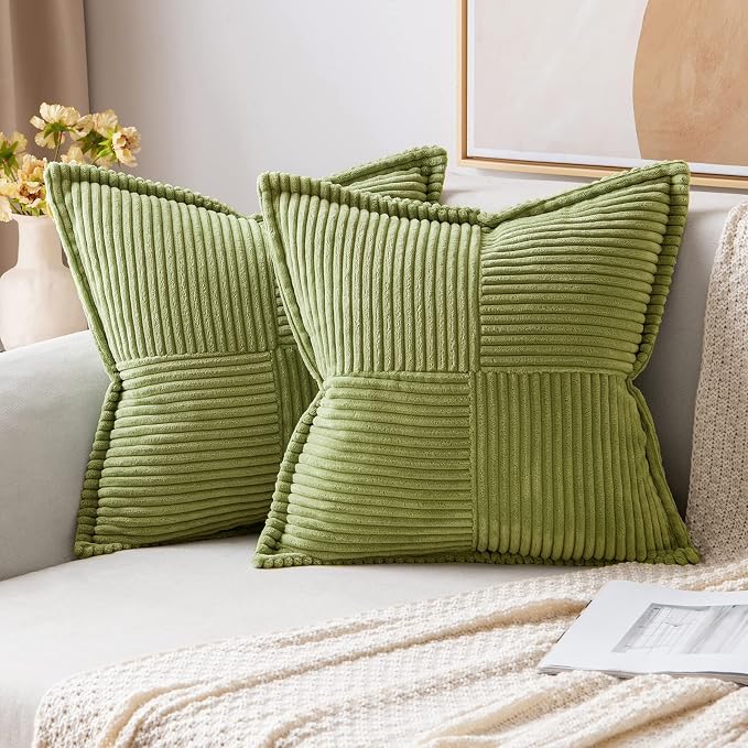 MIULEE Decorative Throw Pillow Covers for Couch 20x20 Inch Green 2 Pack | Boho Broadside Striped Patchwork Pillow Covers, Soft Corduroy Cushion Cases, For Sofa Bed Livingroom Home Decor