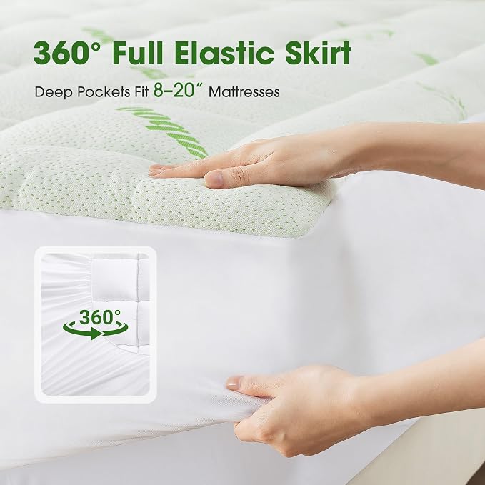 Mattress Pad Queen Size, Cooling Pillow Top Mattress Topper, Ultra Soft Viscose Made from Bamboo, Breathable for Hot Sleepers, Deep Pocket 8"-20", Green