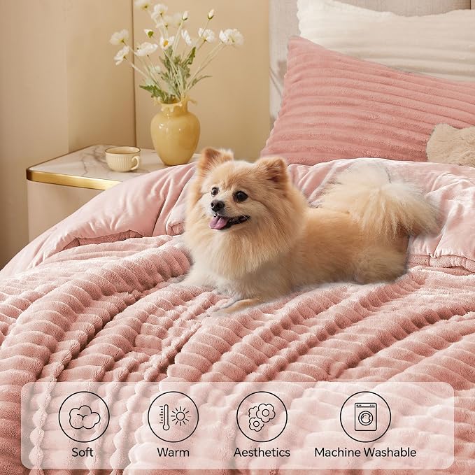 BEDELITE Fleece Oversized Queen Comforter Set, Fluffy Bed Set, Dusty Pink | Super Soft & Warm Bedding, Luxury Fuzzy Faux Fur Comforter for Winter, Heavy Plush Bedding, with 2 Pillowcases