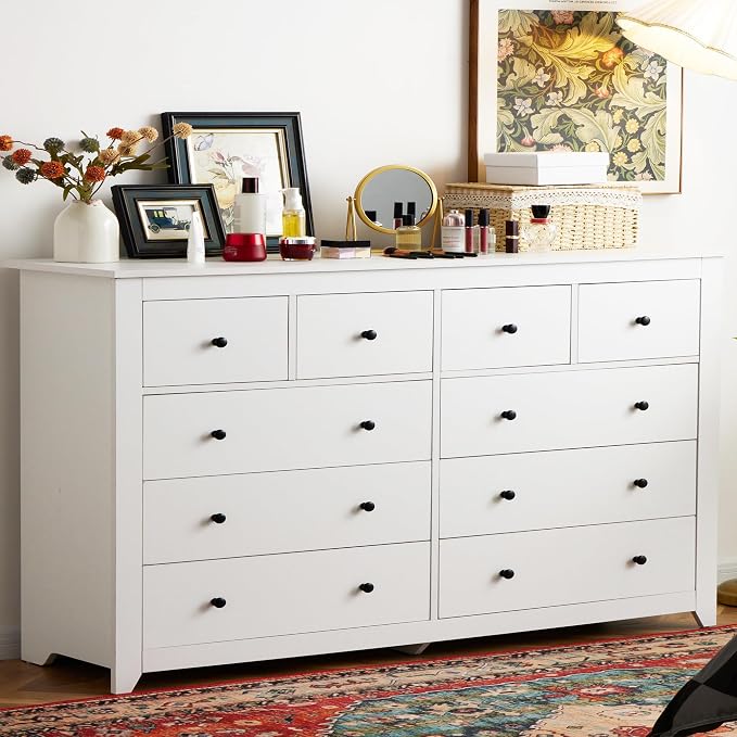 EnHomee White Dresser for Bedroom with 10 Drawer, Multi-Layer Organization | Modern Wood Chest, 52"W TV Stand Versatile for Living Room Entryway Closet, Metal Frame and Handles, Smooth Glides, Anti-Tip
