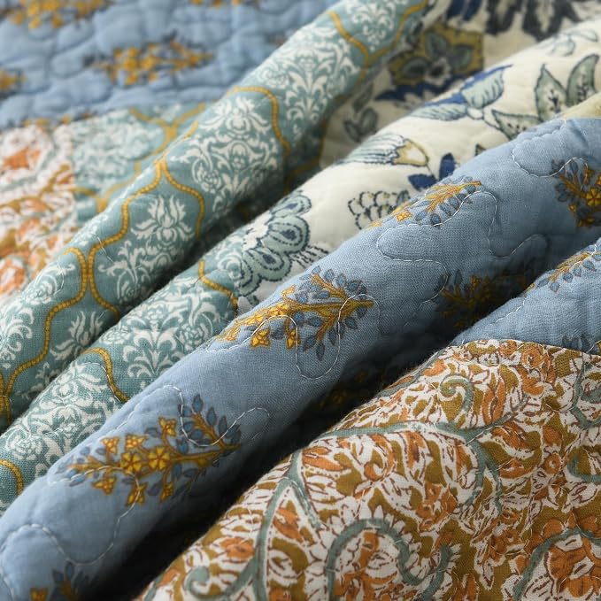 Quilt Set California King Size, 100% Cotton Patchwork Green Bohemian Quilt Sets, Reversible Bedspread Lightweight and Breathable for All Seasons, Soft Quilted Bedspread with 2 Pillow Shams