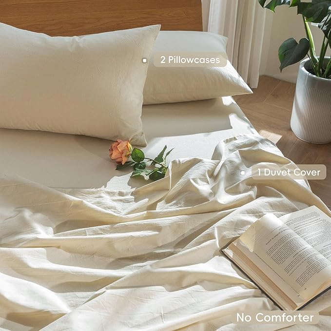 MooMee Duvet Cover Set 100% Washed Cotton Linen Like Oversized Queen | Relaxed Linen-like Texture. Soft, Breathable & Long-lasting Comfort. Lightweight. Hidden Zipper with 8 Interior Corner Ties