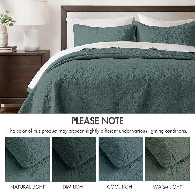 Madison Park Luxurious Cotton Damask Quilt Set, 3PC Full/Queen Bed Set | All Season, Lightweight Stitching Coverlet Bedspread Bedding Stitching with Shams, Balsam Green