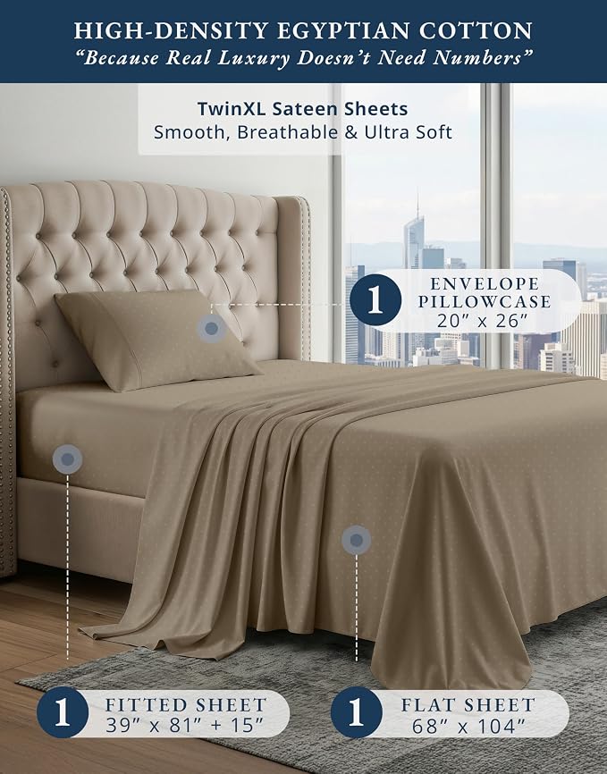 LANE LINEN Dorm Sheets Twin XL Set 100% Egyptian Cotton Sateen - Taupe | Light Blue Twin XL Sheets - 3-Piece Set, Ideal For Dorms And Adjustable Beds, Long-Staple Egyptian Cotton, So Silky