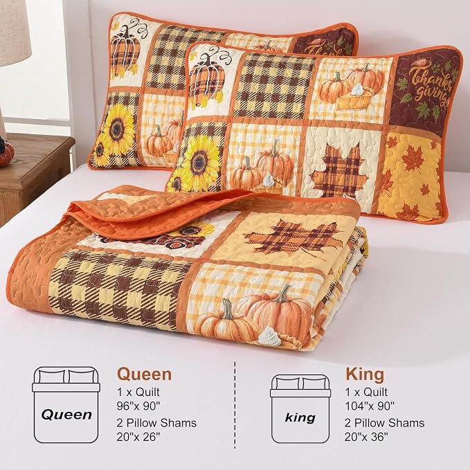 Fall Patchwork Quilt Set King, Thanksgiving Pumpkin Maple Leaves Bedding | Orange Brown Autumn Bedspread Sunflower Pattern, Soft Microfiber Coverlet Thanksgiving Day Gift with 2 Pillowcases