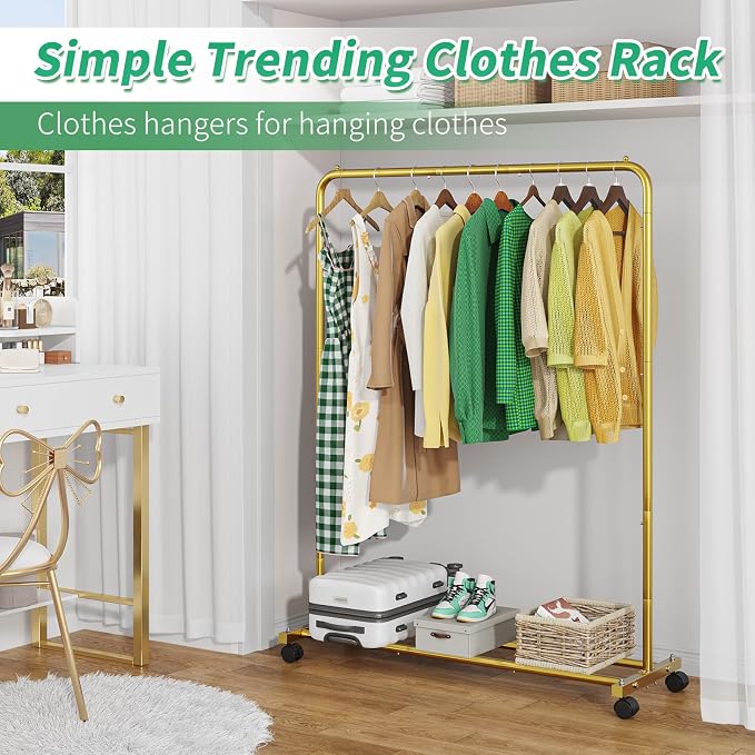 Simple Trending Clothes Clothing Garment Rack, Clothes Organizer, Gold | Storage Shelves, 360° Lockable Wheels, Anti-Slip Stoppers, Bedroom, Laundry Room