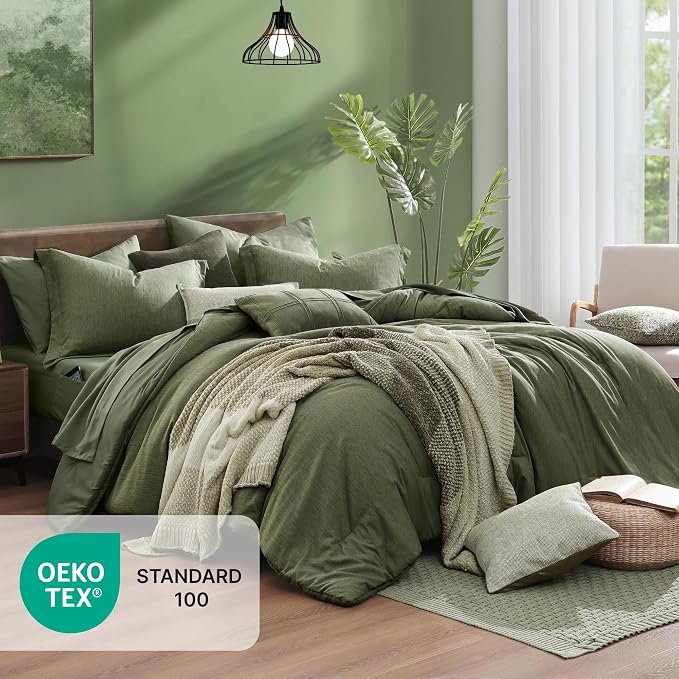 Monbix Super King Comforter Set Olive Green 7 Pieces Bed in a Bag | Cationic Dyeing Reversible All Season Bedding Sets with Comforter, Sheets, Pillowcases & Shams