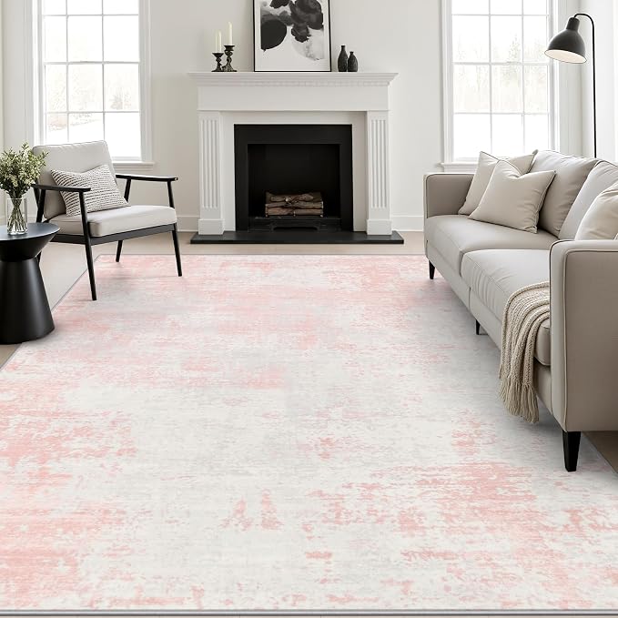 10x14 Area Rug Living Room: Modern Washable Soft Carpet Pink White | For Bedroom Dining Room Farmhouse Nursery Hallway Office,Modern Abstract,Machine washable,Non-Slip,Stain Resistant,Indoor