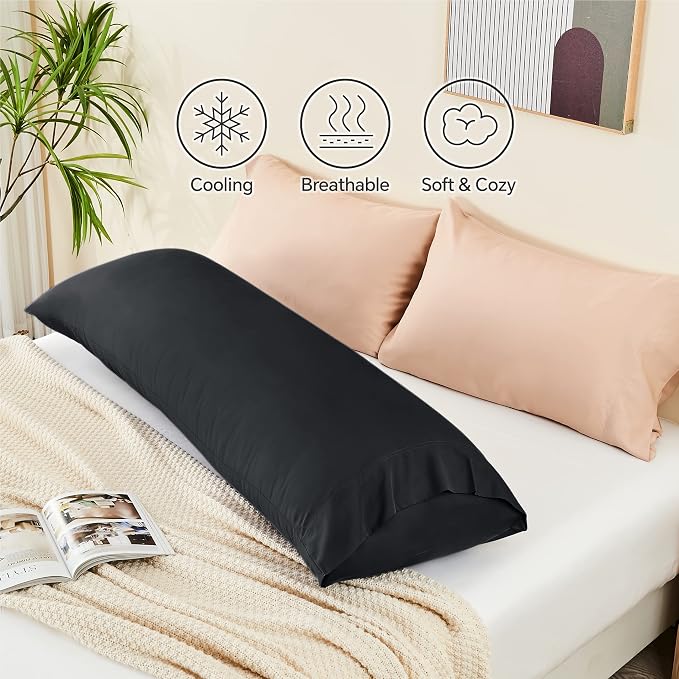 BEDELITE Body Pillow Pillowcase, Rayon from Bamboo, Black, 20"x54" | Cooling and Breathable Body Pillow Cover for Hot Sleepers & Night Sweats, Silky Soft Full Long Pillow Case, Envelope Closure