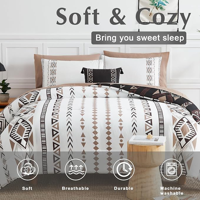 Oversized Queen Comforter Set - 7 Pieces Reversible Western Bedding Set | Boho Bedding, All Season Aztec Bed Set with Comforter, Sheets, Pillowcases & Shams, Brown