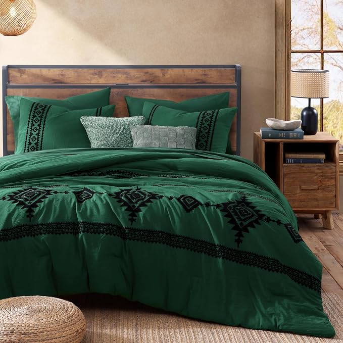 MaiRêve Embroidery King Size Comforter Set 7 Pieces Western Bed in a Bag | Emerald Green Boho Farmhouse Bedding Sets with Comforter, Sheets, Pillowcases & Shams