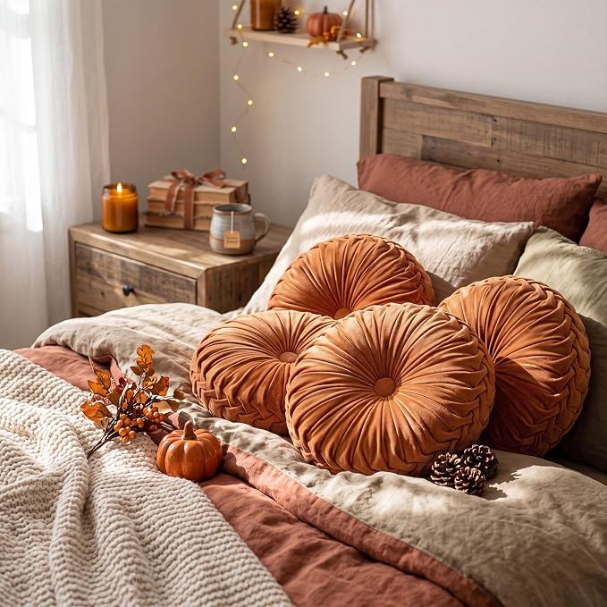 Kathfly 4 Pcs Decorative Round Pleated Throw Pillows, Classy Velvet Pumpkin Round Throw Pillows, Decorative Floor Pillow for Bed Chair Home Sofa Decor, 14" Diameter (Orange)