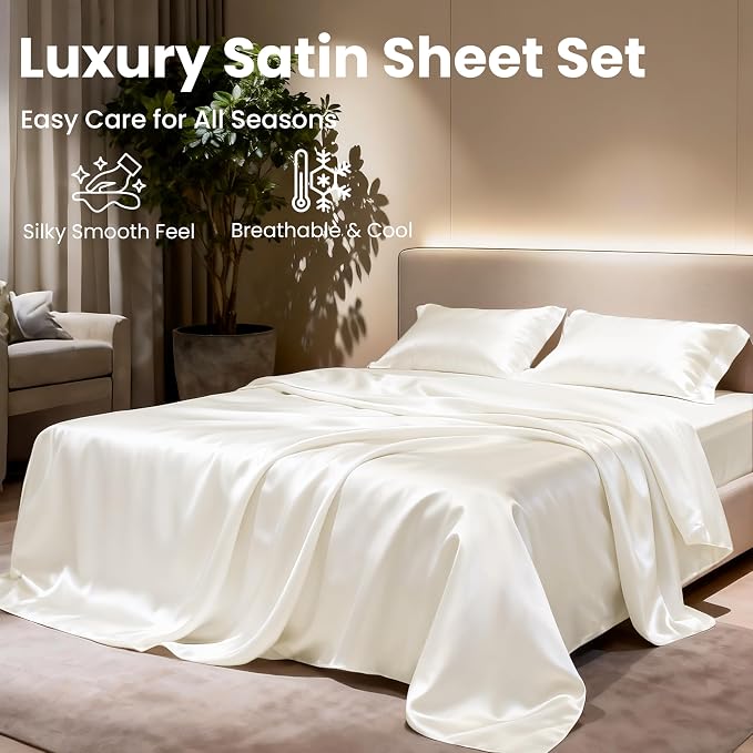 Love's cabin Satin Queen Sheets Set - 4 Piece Ivory Silky Bed Sheets with Deep Pocket, Luxury Silk Feel Satin Queen Size Sheet Set (1 Flat Sheet,1 Fitted Sheet,2 Pillow Cases)