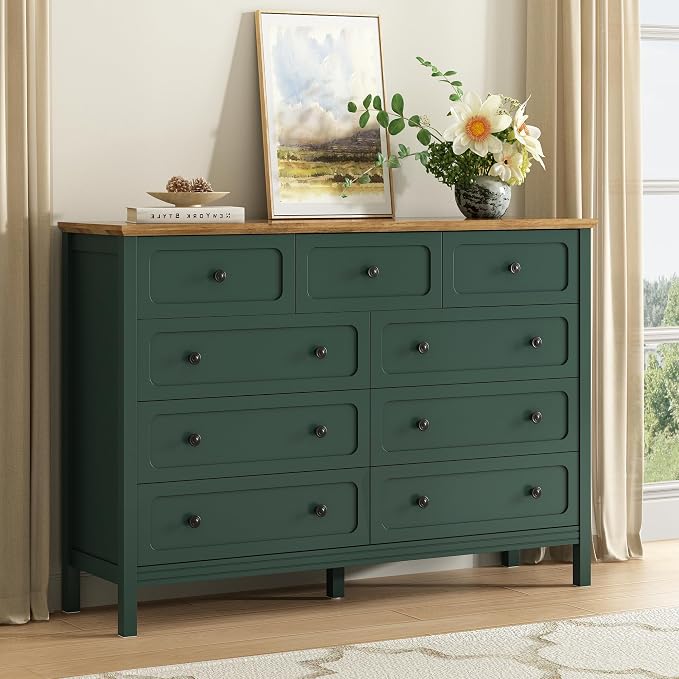 CARPETNAL 55" Green Dresser for Bedroom with 9 Drawer & Deep Drawers | Large Storage Modern Chest of Drawers with Metal Handles for Living Room, Hallway