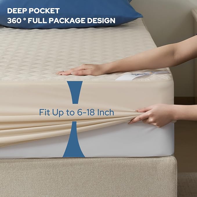 BEDLORE Waterproof Queen Size Mattress Protector, Deep Pocket Fit, Washable | Soft Noiseless Breathable Bed Mattress Cover Pad, Fits 6-18 Inch Deep Mattresses, Ideal for Home, Bedroom, Hotel, Beige