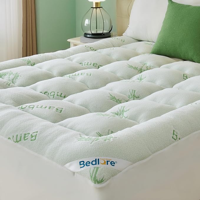BEDLORE Full Size Mattress Topper Viscose Bamboo, Pillow Top Mattress Pad | Stretchable Pockets Fit 6"-15" Mattress, Soft Breathable Thick Mattress Topper for Back Pain Relief & Hot Sleepers(Green)