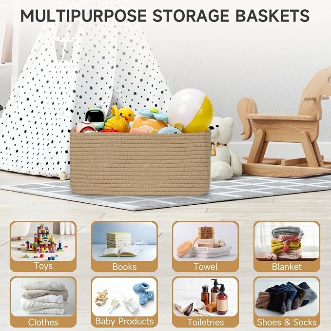 3 Pack Small Storage Baskets for Organizing, 11.8×7.8×5.1", Brown | Woven Baskets for shelves, Cotton Rope Basket for Gifts Empty, Closet Organizer Bins with Handles, Cube Decorative Box