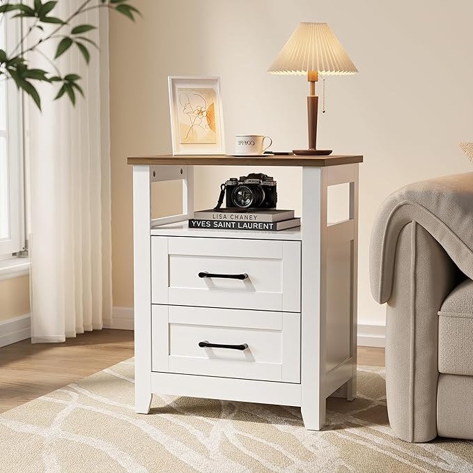 Decofy Farmhouse 2-Drawer Nightstand with Charging Station, White | Open Shelves, AC Outlets, USB And Type C Ports, Rustic Wood Bedside Tables, Storage For Small Items