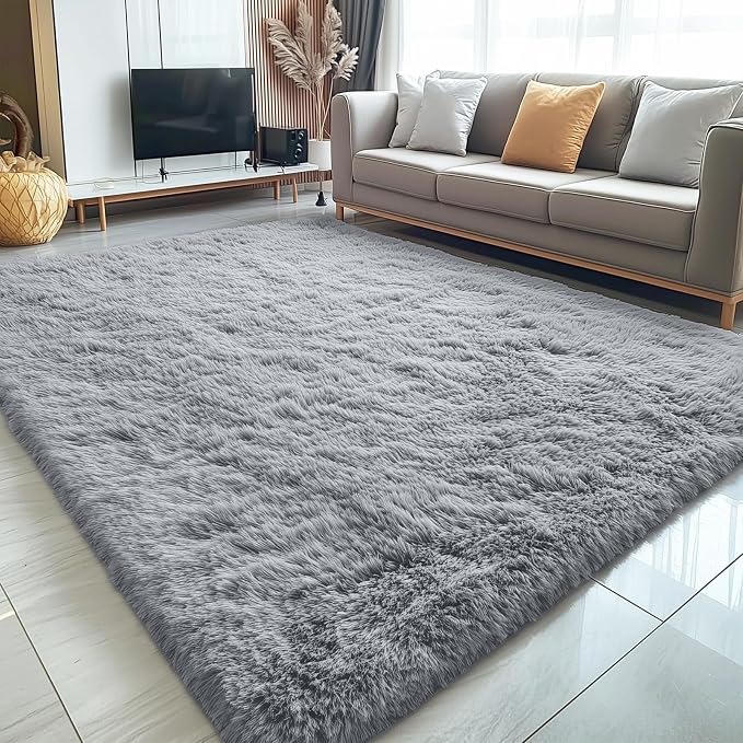 OLANLY 5x8 Machine Washable Large Area Rugs for Living Room, Bedroom, Soft Fluffy Shaggy Bedside Rug, Indoor Floor Carpet for Kids Girls and Boys, Dorms, Nursery, Home Decor, Silver Grey